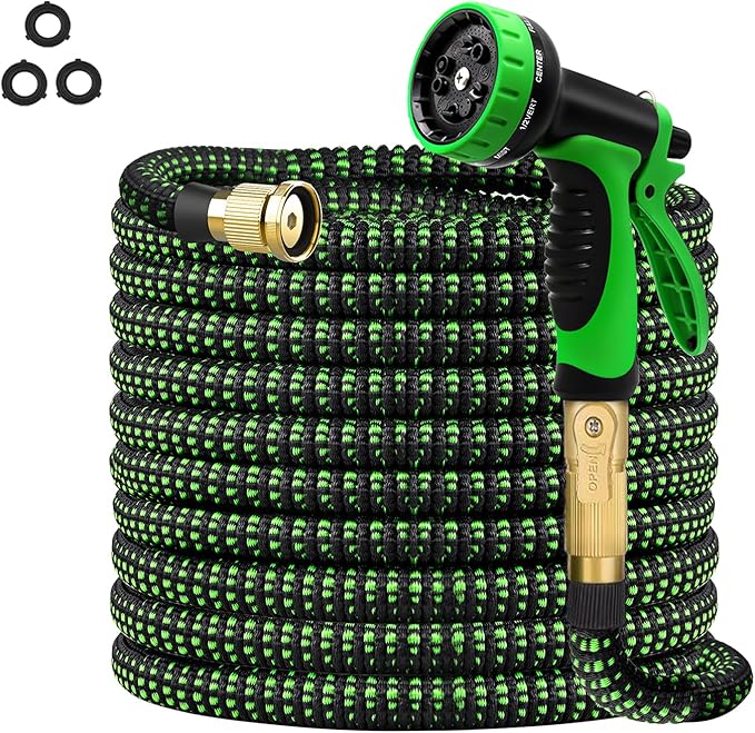 50 FT Expandable Garden Hose, Water Hose with 10-Function High-Pressure Spray Nozzle, Heavy Duty Flexible Hose, 3/4" Solid Brass Fitting