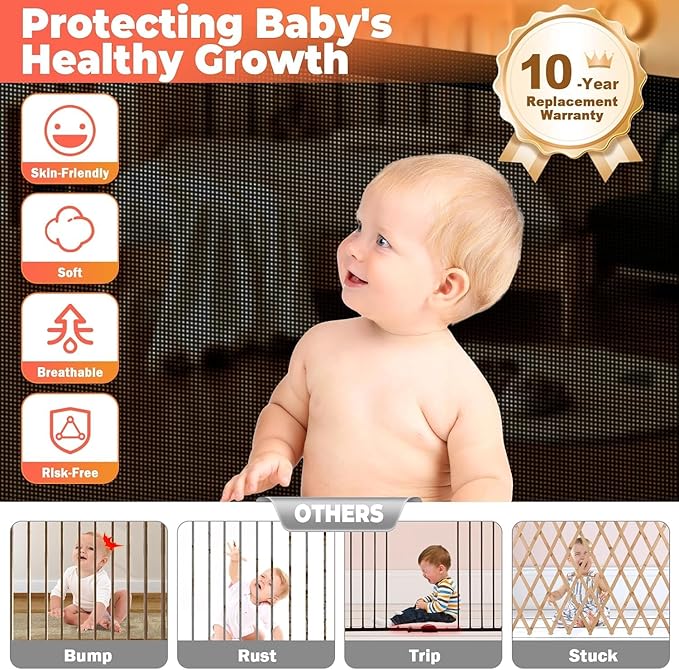 120" Extra Wide Retractable Baby Gates Dog Gate, Long Mesh Gate Pet Gate for Large Opening, 34" Extra Tall Child Safety Gate with Reinforced Strips for Stairs Hallways Doorways Deck Indoor Outdoor