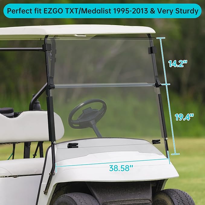 10L0L Clear Golf Cart Windshield for EZGO TXT/Medalist Gas and Electric 1995-2013, Foldable Windscreen with High Strength PC Material, Anti-UV and Impact Resistant