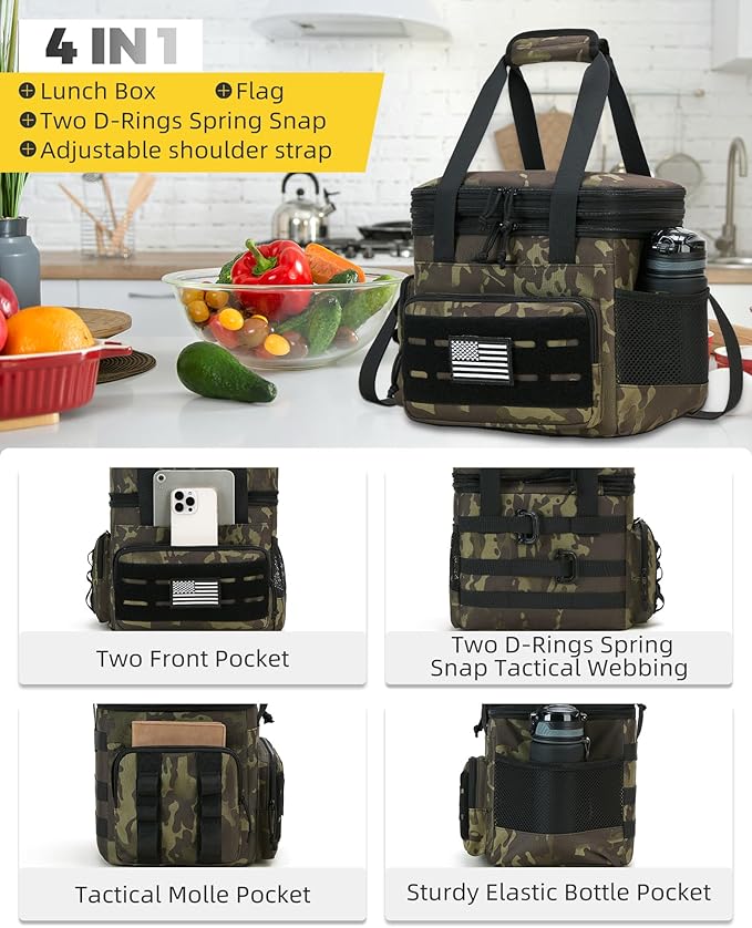 Tactical Lunch Bag & Lunch Box for Men - Large Double Deck Expandable Insulated Soft Adult Lunchbox for Work - Cooler Bag for Beach, Picnic, Camping,Outdoor，Travel (Camo,16L)