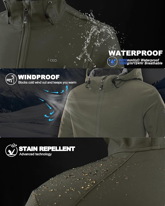 33,000ft Men's Hooded Softshell Jacket Waterproof Lightweight Insulated Windbreaker Fleece Lined Rain Shell Jacket