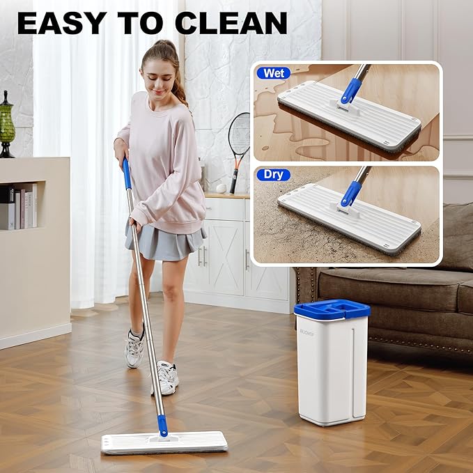 Mop and Bucket Set with Wringer, Squeeze Wall Mop Cleaner with Long Handle, Flat Mop and Bucket System, Dry & Wet Dust Mop for Household Floor Cleaning with 3 Microfiber Mops, Slate Blue