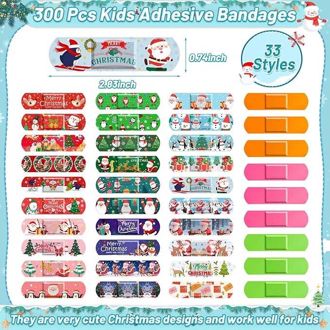 300 Pieces Christmas Kids Bandages 33 Styles Christmas Bandage for Kids Children's Adhesive Flexible Santa Claus Cartoon Bandages Breathable Protection Care Cuts for Girls Boys(Christmas)