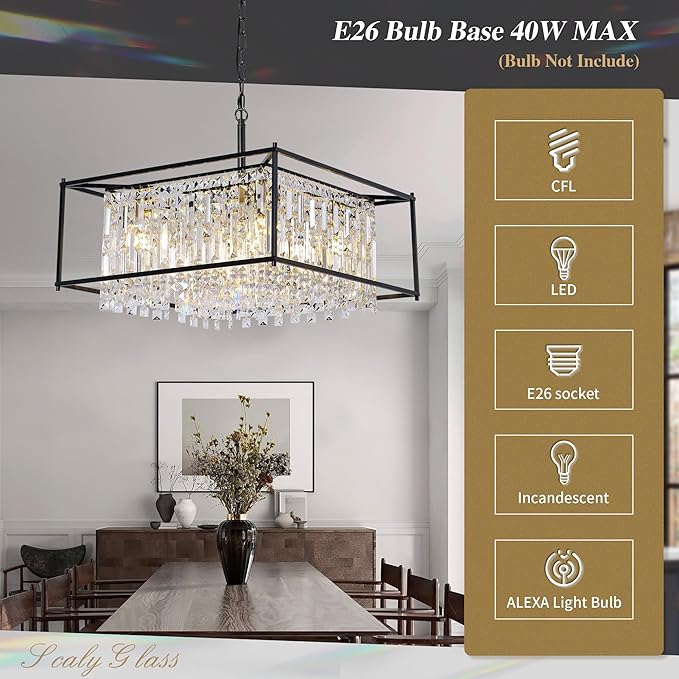 Black Chandeliers for Dining Room, Black Square Lndustrial Chandelier Crystal Pendant Light for Kitchen Island Dining Room Living Room Flat and Inclined Ceiling,L24 x W24 x H17.5