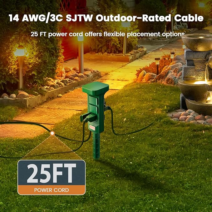 SURAIELEC Outdoor Power Stake Waterproof, 6 Grounded Outlets Power Strip Weatherproof, 25FT Extension Cord Outlet for Yard, Garden, Christmas Light, Patio Lights, 1875W/15A, Green
