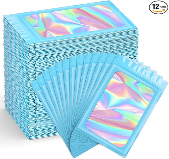 Funfery 300 Pack Smell Proof Resealable Bags for Food Storage,Holographic Bags 4x6 Blue Mylar Clear Packaging Bag- Scent Proof for Cookies, Zip Foil Pouch for Small Business