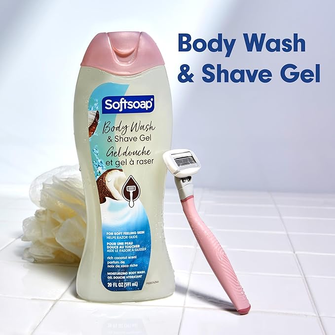 Softsoap Moisturizing Body Wash and Shave Gel, Rich Coconut Scent, 20 fl oz Bottle (Pack of 4)