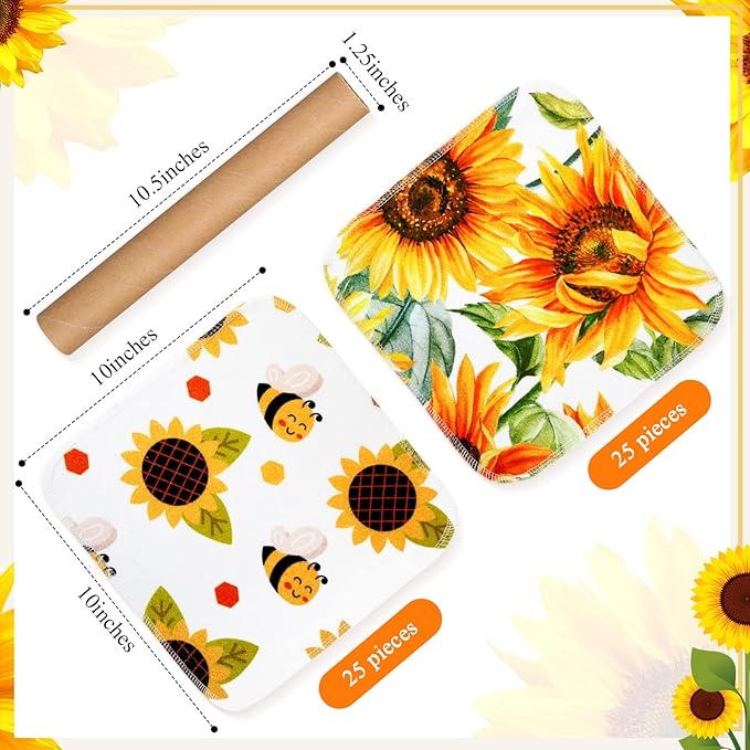 Redbaker 50 Pcs Reusable Paper Towels Paperless Reusable Cotton Cloths Toilet Absorbent Washable Paper Towels with Roll Kitchen Dishcloth for Kitchen Paperless Dishcloths(Sunflower)
