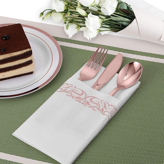 FOCUSLINE 100 Linen Feel Bathroom Napkins, Soft and Absorbent Disposable Guest Towels, Cloth-Like Paper Hand Towels Decorative Napkins for Dinners, Parties, Weddings or Events, Rose Gold, 12" x 17"