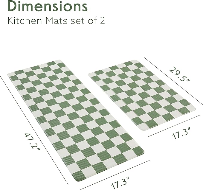 Checkered Kitchen Mats for Floor Set of 2, 2 Pcs Sage Green Cushioned Non Slip Runner Rugs for Kitchen/Sink/Laundry, Comfort Aesthetic Cute Anti-Fatigue Foam Floor Mat 17.3"x29.5"+17.3"x47.2"