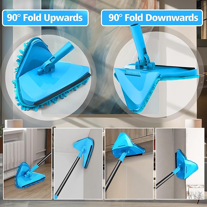 NEWE Wall Mop Cleaner with 80 inches Long Handle, 180° Folding Ceiling Cleaning Tool with Squeegee for Washing Painted Walls, Triangle Baseboard Scrubber with 4 Chenille Duster and 2 Microfiber Pads
