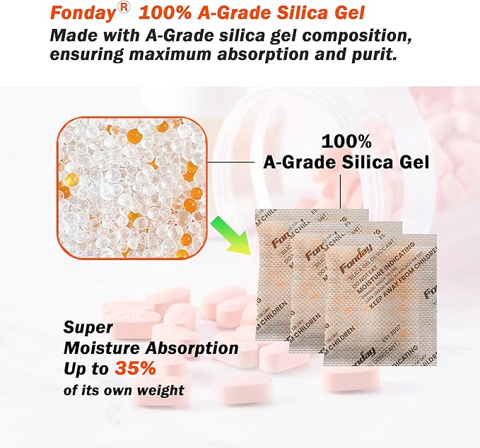 16Packs x 100Gram Fonday Rechargeable Silica Gel Desiccant Packets Food Grade Fast Reactivate Desiccant Bags Moisture Indicating Orange to Green for Food Storage, Electronics, 3D Filament & Safes