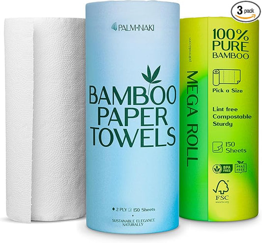 100% Bamboo Paper Towels | Lint-Free, Eco-Friendly, Tree-Free | 2-Ply Kitchen Paper Towel | Food Grade – FSC-Certified, BPA/PFAS-Free | 3 Mega Rolls – 150 Sheets/Roll | PALM NAKI