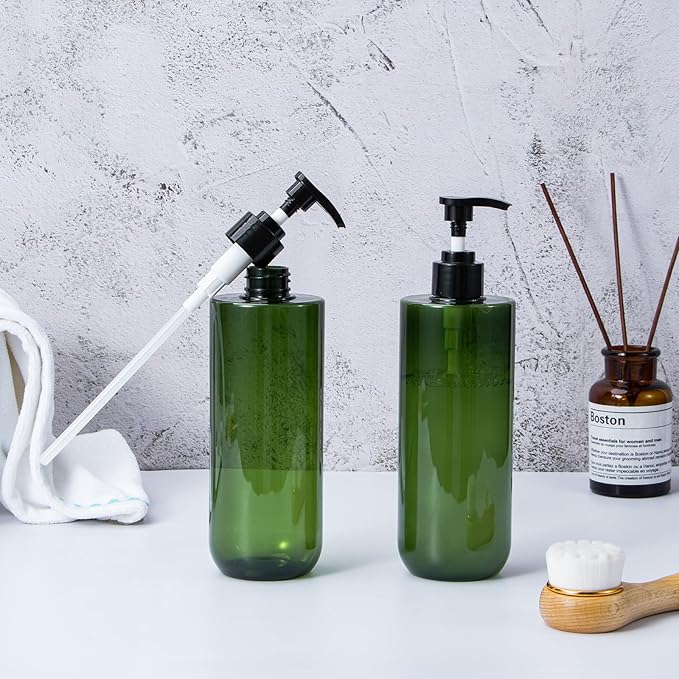 Yebeauty Pump Bottle, 2 Pack 17oz/500ml Modern Lotion Dispenser Stylish Shampoo Bottles Thick Shower Soap Dispenser Empty Shampoo Container for Body Wash Bathroom Kitchen Travel, Clear-Green