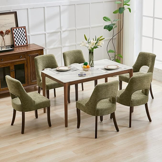 UVV Wooden Dining Chairs Set of 6, Mid Century Modern Chenille Upholstered Dining Room Chair Kitchen Chairs, Farmhouse Dinner Chair with Solid Wood Legs for Kitchen Dining Room, Green