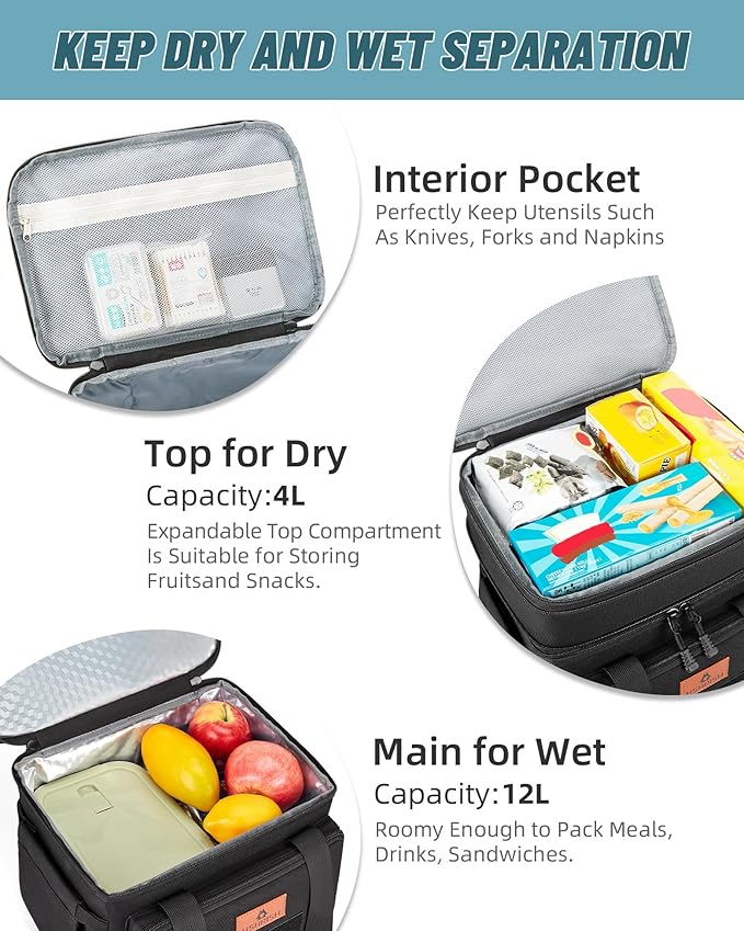 HSHRISH Lunch Box for men, Large Expandable Insulated Lunch Bag, Durable Waterproof Leakproof Tactical Cooler Bag for Adults Men to Work Picnic Beach Day Trips, 24 Cans/16 L, Black