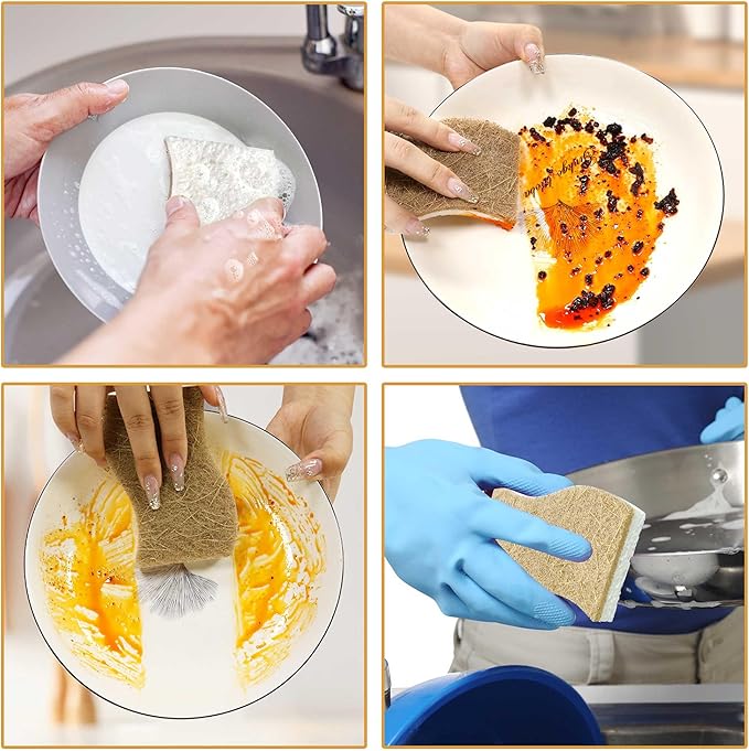 Biodegradable Natural Kitchen Sponge, Compostable Cellulose and Coconut Scrubber Eco-Friendly Dishwashing Sponge, 12 Pack Household Cleaning Foam for Dishes