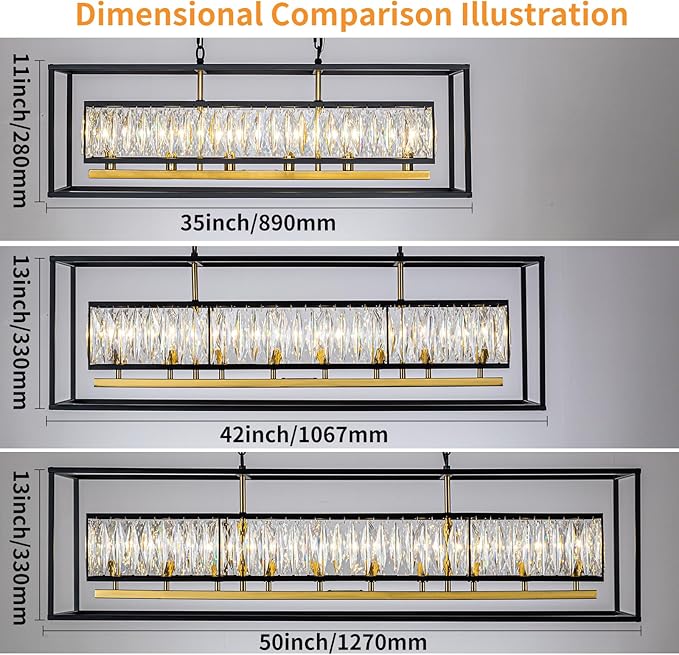 Large Modern Crystal Chandelier for Dining Room Black Rectangle K9 Crystal Raindrop Chandelier 8 Lights Rectangular Contemporary Ceiling Light Fixture for Kitchen Island Living Room L42''