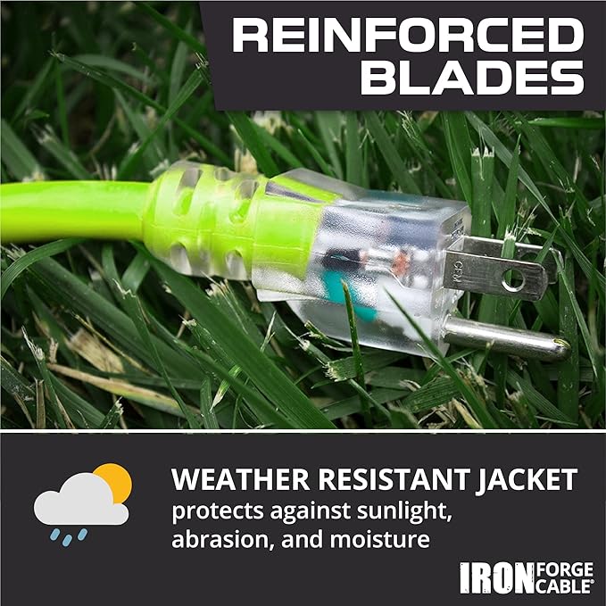 Iron Forge Cable 10 Gauge Extension Cord 50 ft, 10/3 Heavy Duty Extension Cord 50 Foot 3 Prong Lighted End, SJTW Light Green Outdoor Power Cable for Major Appliances, 15 AMP - US Veteran Owned
