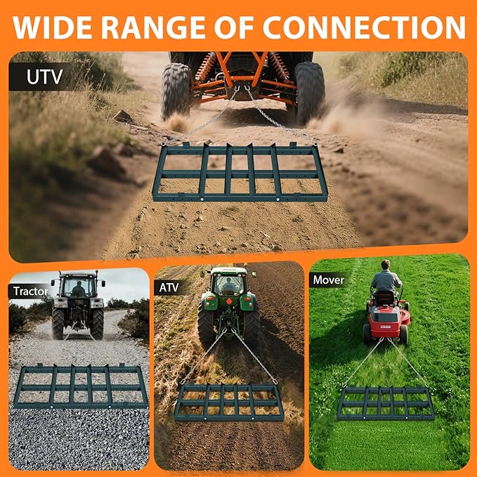 4FT Drag Harrow Driveway Grader, Heavy Duty Driveway Drag with 48" Chain, Tow Behind Lawn Leveler for Gravel, Sand, Lawn, Soil, Hay, ATV, UTV, Mower, Tractor