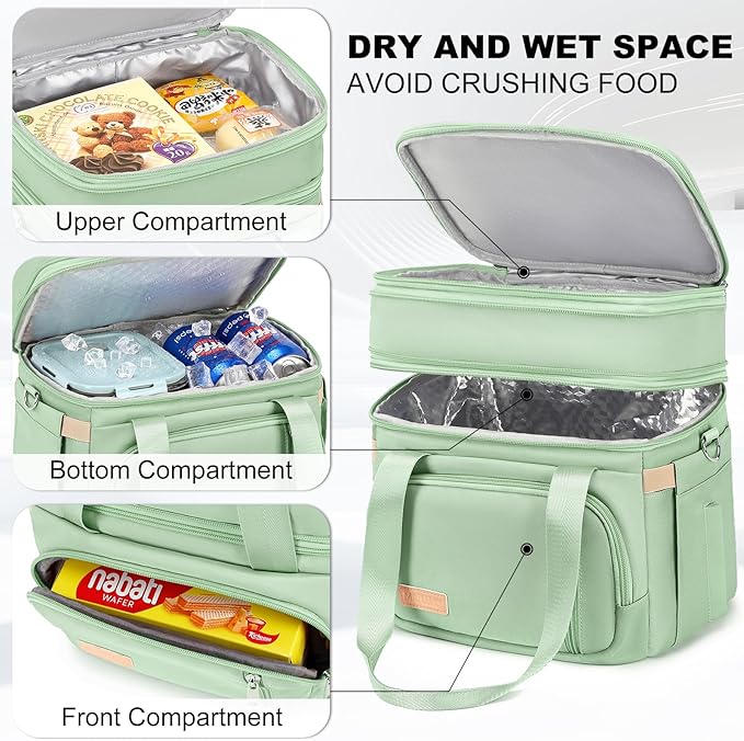 Lunch Box for Men Women - Double Deck Insulated Lunch Bag, Large Leak Proof Tote Cooler, Wide Open Dual Compartment Lunch Bags with Shoulder Strap, For Work Picnic Hiking Beach, Green
