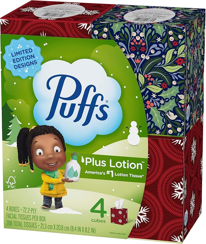Puffs Plus Lotion Facial Tissue, 4 Mega Cube Boxes, 72 Tissues Per Box