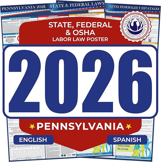 2026 Pennsylvania State and Federal Labor Laws Poster - English Spanish Combo - OSHA Workplace Compliant - Mandatory Regulations Posting for Employees - All-In- One Required Compliance Posting 17" x 40" - Laminated (English & Spanish Combo)