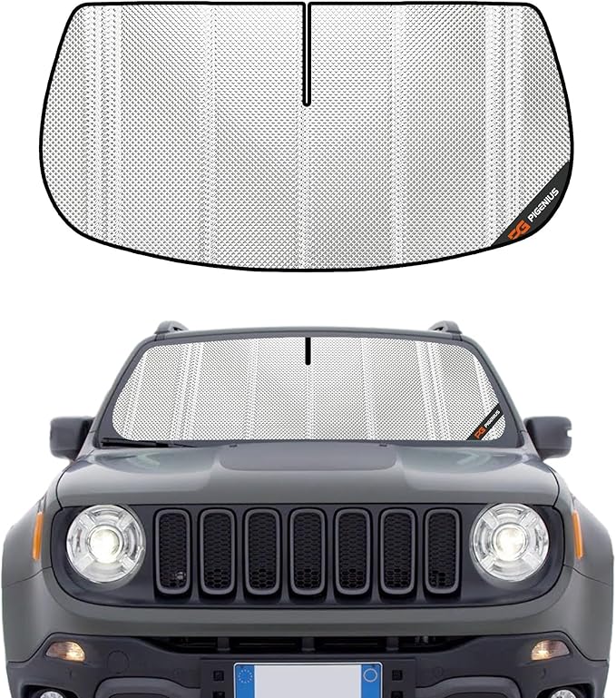 Windshield Sun Shade for Jeep Renegade 2015-2023 with Rearview Mirror Camera Option. Full Coverage Rearview Mirror Shade for Ultimate Protection