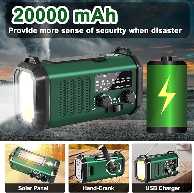 Emergency Hand Crank NOAA Weather Radio with Solar Charging 20000mAh Battery Built-in Flashlight, Reading Light & SOS Alarm AM/FM Weather Bands Compact & Portable for Camping & Emergencies
