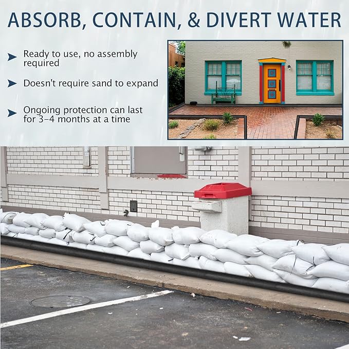 Berlune 5 Pcs Water Barrier 10 ft x 6.5 in Flood Barrier for Home Reusable Absorbent Prevention Barrier Sandless Sandbag for Flooding Green Water Activated Barrier for Home Garage Door Basement(5 Pcs)