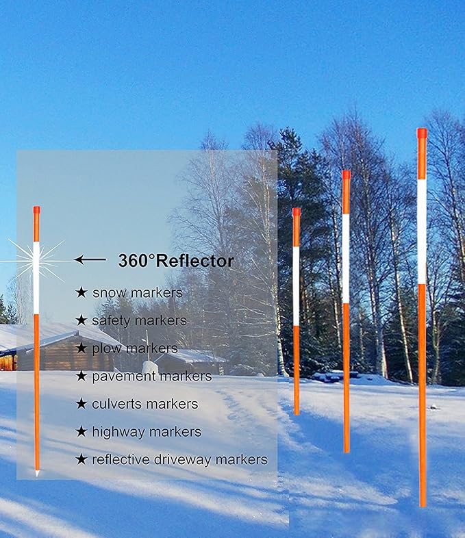 Fibermarker Reflective Driveway Markers 72-Inch Orange 20-Pack 5/16-Inch Dia Solid Snow Poles Snow Markers