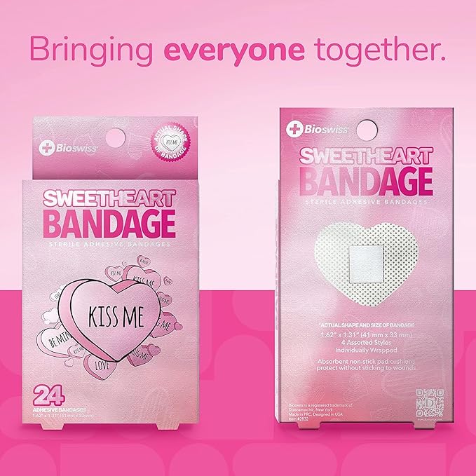 BioSwiss Kids Bandages, Valentine Heart Shaped Self Adhesive Bandage Set, Latex Free, Sterile Wound Care, 24 Count