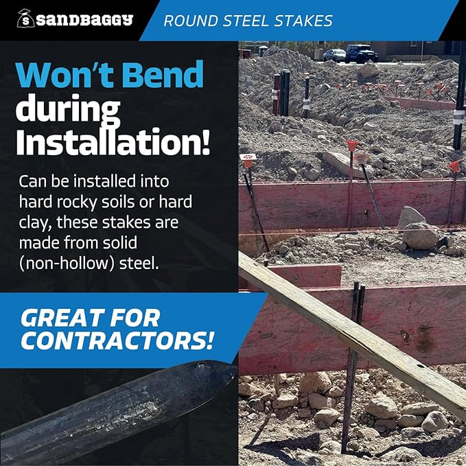 Sandbaggy 72" Round Steel Concrete Form Stakes with Nail Holes - Rust Resistant Coating - Removable, Reusable (15)