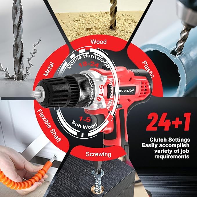 GardenJoy 20v Cordless Drill Set, Power Electric Kit 2 Batteries With Charger 30Nm 2 Speed 3/8" Keyless Chuck 24+1 Torque Drill Driver Screwdriver Bits with LED Electric Work Light for Men DIY