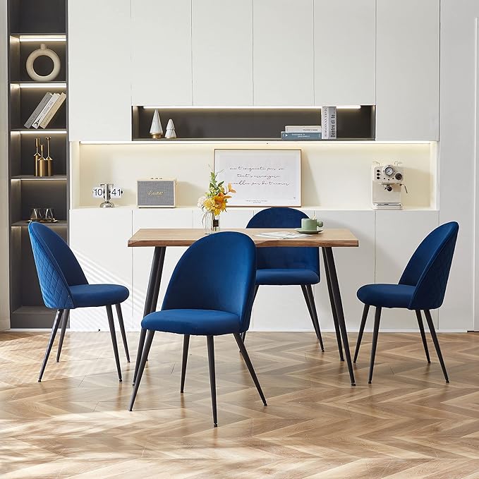 Dining Chair Set of 4 - Simple Design, Comfortable Velvet Upholstered Chairs with Stainless Metal Legs for Dining Table and Living Room, Navy Blue