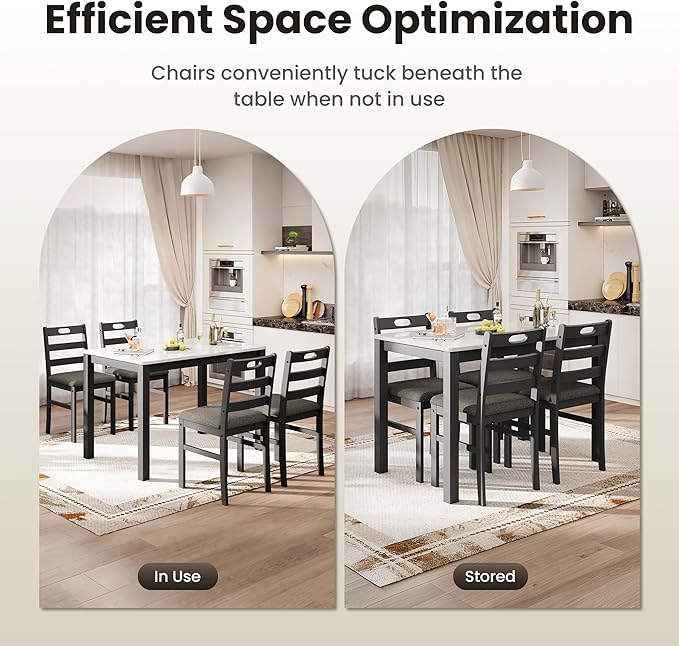 PHI VILLA Dining Table Set for 4, Modern Farmhouse Kitchen Table Set, Faux Marble Dining Table and 4 Cushioned Chairs, Solid Rubber Wood Dining Room Table Set, Venatino White Marble& Black
