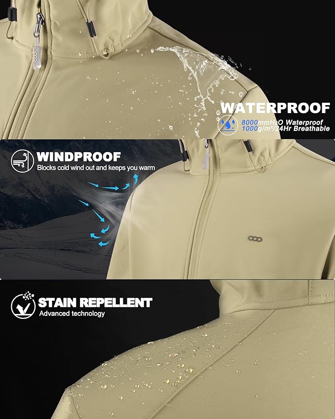 33,000ft Men's Hooded Softshell Jacket Waterproof Lightweight Insulated Windbreaker Fleece Lined Rain Shell Jacket