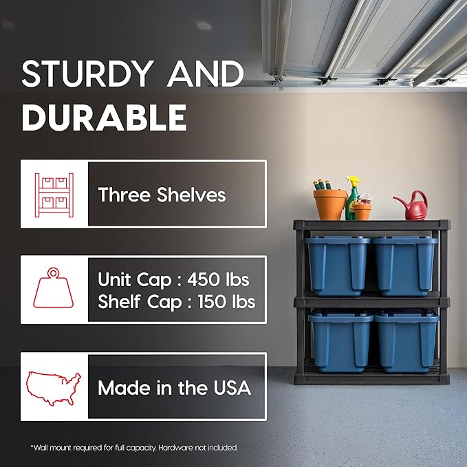 IRIS USA 3-Shelf Heavy Duty Plastic Storage Shelves, 450lb Capacity, 38"H x 36"W x 18"D, Large Modular Shelving Unit Storage Organizer for Garage, Home, Warehouse & Gym, Storage Rack - Black