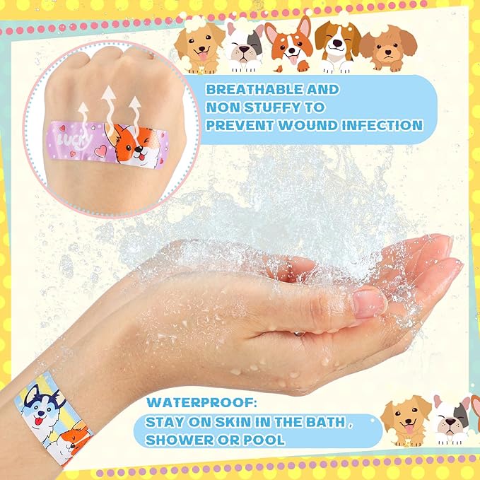 Patelai 300 Pieces Kids Bandages Bulk 10 Styles Children's Adhesive Flexible Colorful Cute Cartoon Bandages Waterproof Breathable Stickers Protection Care Cuts for Girls Boys(Dog)
