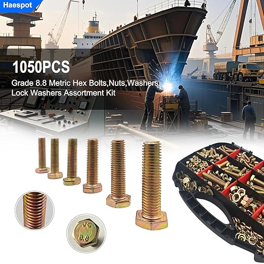 1050PCS Haespot High-Strength Heavy Duty Bolt and Nut Assortment Kit, 8.8 Grade Alloy Steel Material, M4-M8 Metric Sizes, Suitable for Automotive, Motorcycle Repair, and DIY Design