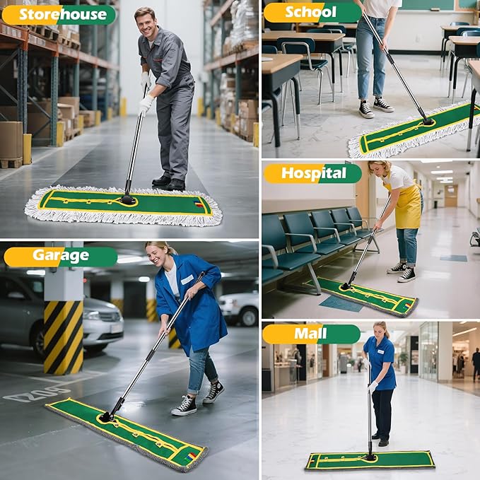 42" Commercial Dust Mop for Floor Cleaning, MASTERTOP Large Flat Mop with Long Handle, Sweeping Broom with 2 Different Mops Pads, Industrial Mop for Hardwood, Tile, Gym, Office, Mall, Warehouse