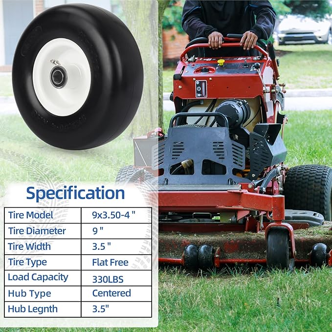 9x3.50-4 Flat Free Lawn Mower Tire and Wheel, Smooth Tread Tire for Zero Turn Mowers, Bearing Bore 3/4" & 5/8", Centered Hub Length 3.5"-4"-4.5"-5", 2 PCS