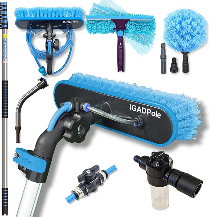 IGADPole 28ft(8.8m) Washing Kit: Water-fed Brush, Cobweb Duster and 10”(25cm) Squeegee and Soap Dispenser, Window Cleaning Pole, Water Fed Telescopic Brush, Window Cleaner Kit, Blue