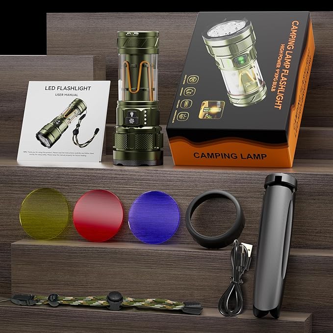 Camping Flashlight 11 Light Modes, 6000Lumens Super Bright Flashlight Rechargeable with IPX7 Waterproof & 60H Long Life Battery & Camping Lantern Tripod, Flash Light for Outdoor Camping, Home