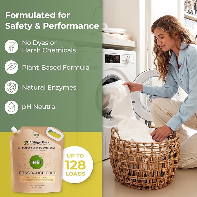 Heritage Park All-Purpose Fragrance Free, Hypoallergenic, pH-Neutral Laundry Detergent - Dermatologist-tested, Sensitive Skin-Friendly, Stain-Fighting Enzymes, 3x Concentrated (64 fl oz Refill Pouch)