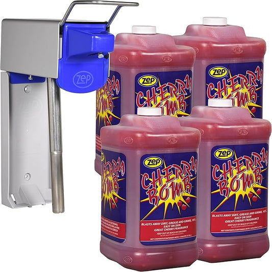Zep Cherry Bomb Hand Cleaner and Zep D-4000 Hand Soap Dispenser - 1 Gal (Case of 4) - 95124 - Heavy-Duty Shop Grade Formula