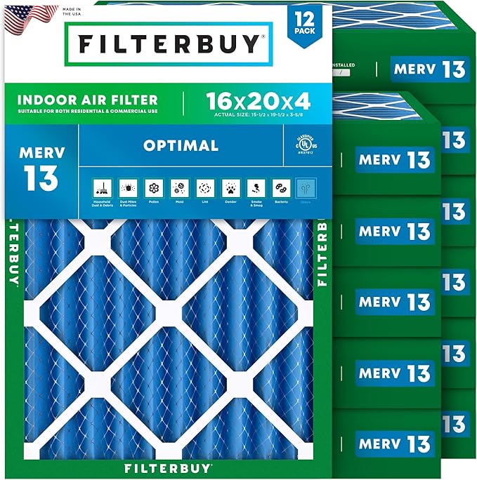 Filterbuy 16x20x4 Air Filter MERV 13 Optimal Smoke & Allergy Defense (12-Pack), Electrostatic Pleated HVAC AC Furnace Filters Replacement, Made in USA (Actual Size: 15.50 x 19.50 x 3.63)