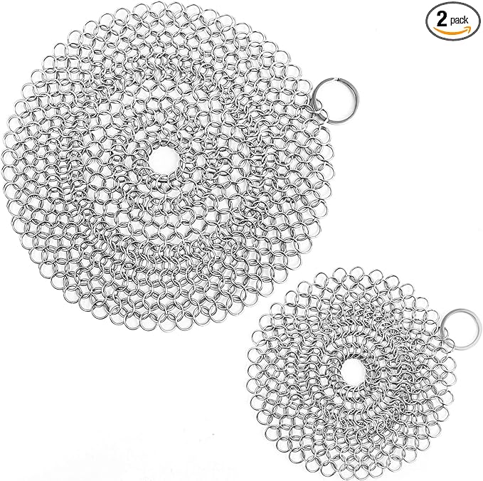 Cast Iron Skillet Cleaner Chainmail,2 Pack Premium Stainless Steel Chain Maille Scrubber for Cast Iron Pans,Stainless Steel,Glassware(7IN &5IN Round)