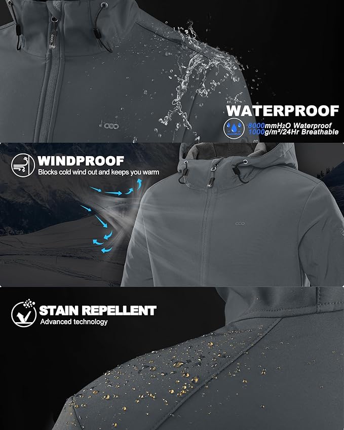 33,000ft Men's Hooded Softshell Jacket Waterproof Lightweight Insulated Windbreaker Fleece Lined Rain Shell Jacket