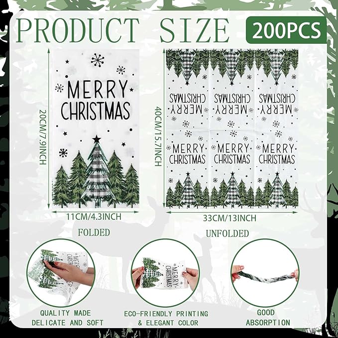Jetec 200 Pcs Buffalo Plaid Christmas Tree Guests Napkins Watercolor Disposable Paper Napkins Winter Disposable Hand Towels for Bathroom Christmas Decorative for Xmas Dinner Wedding Birthday Party
